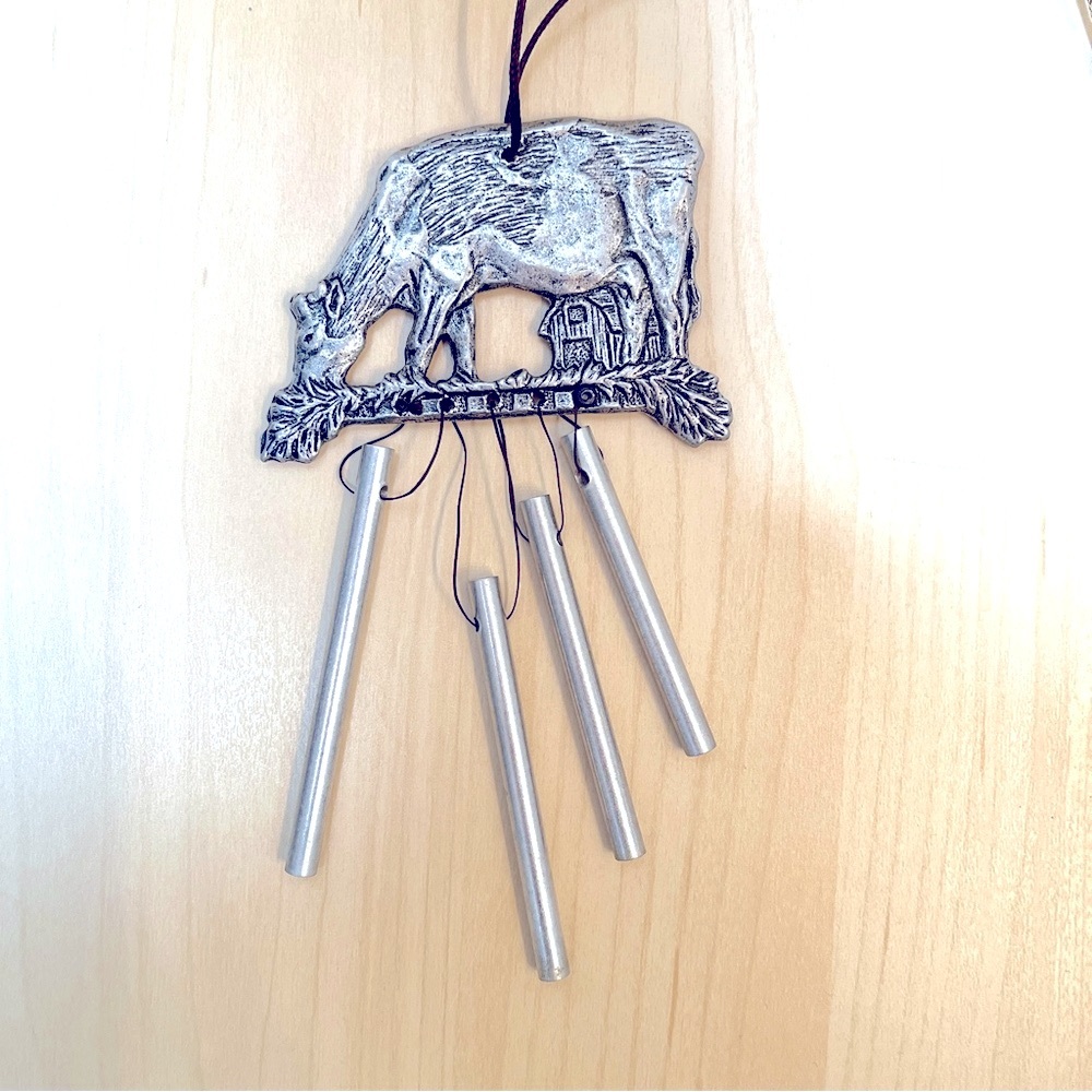 Wind-chime. Pewter. Metal. Grazing Cow in relief. Gentle sound. Pretty. EUC